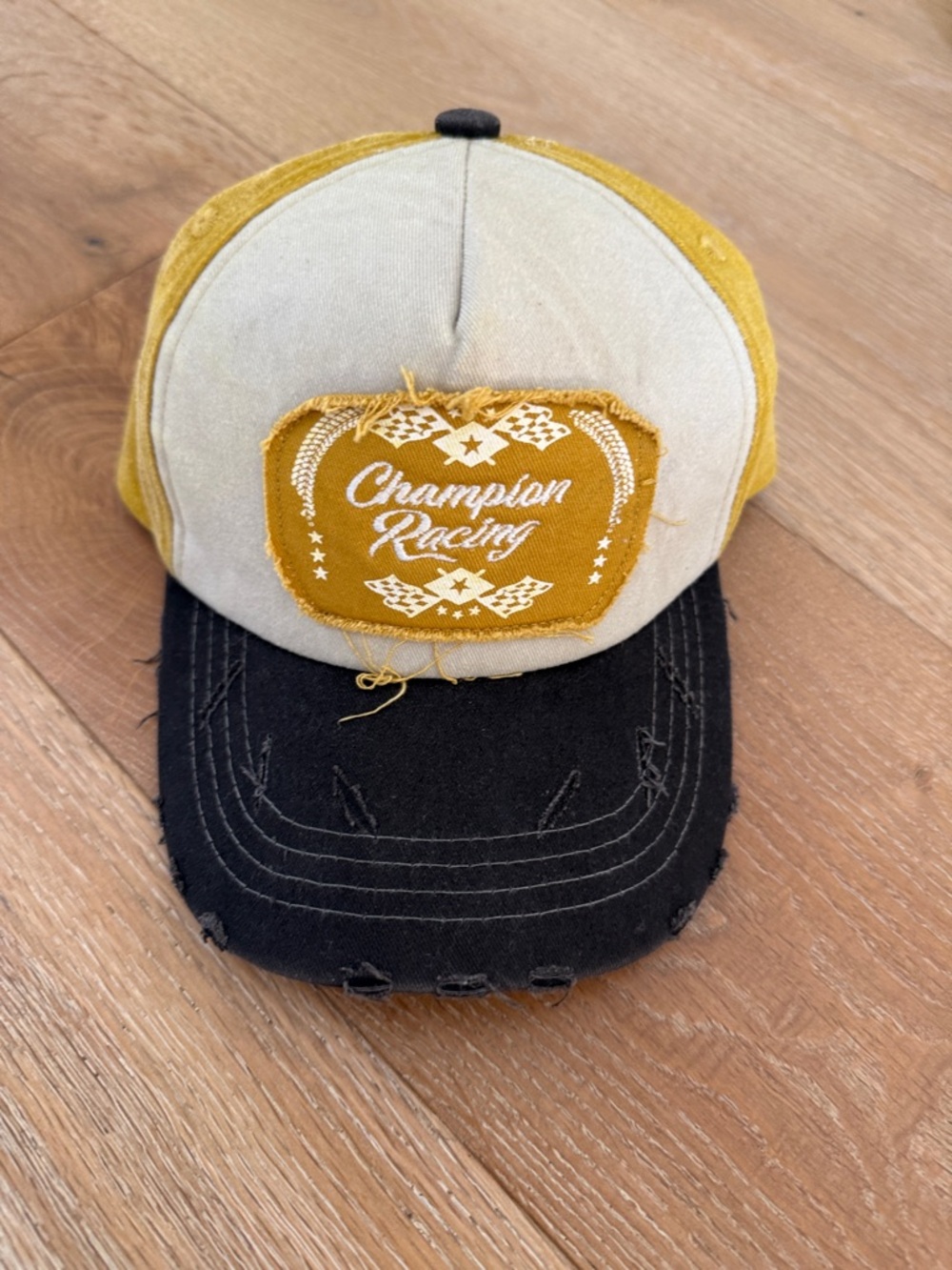 Free People Two-Tone Champion Racing Patch Cap in Mustard, Cream & Black